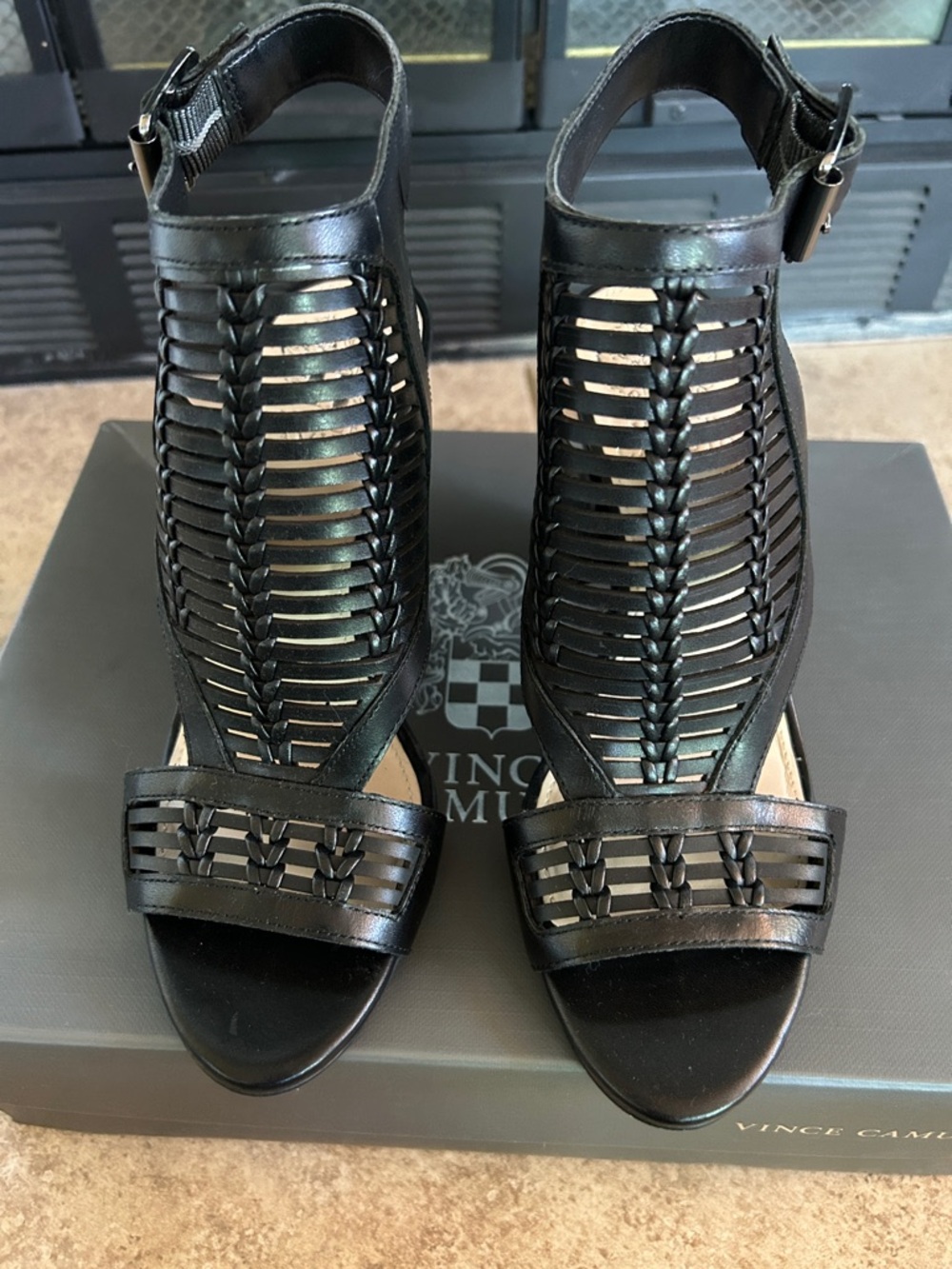 Vince Camuto Black Woven Leather Peep-Toe Ankle Strap Heels